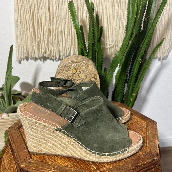 Green suede wedge sandals with adjustable buckle straw rope heel TOMS - Picture 1 of 7
